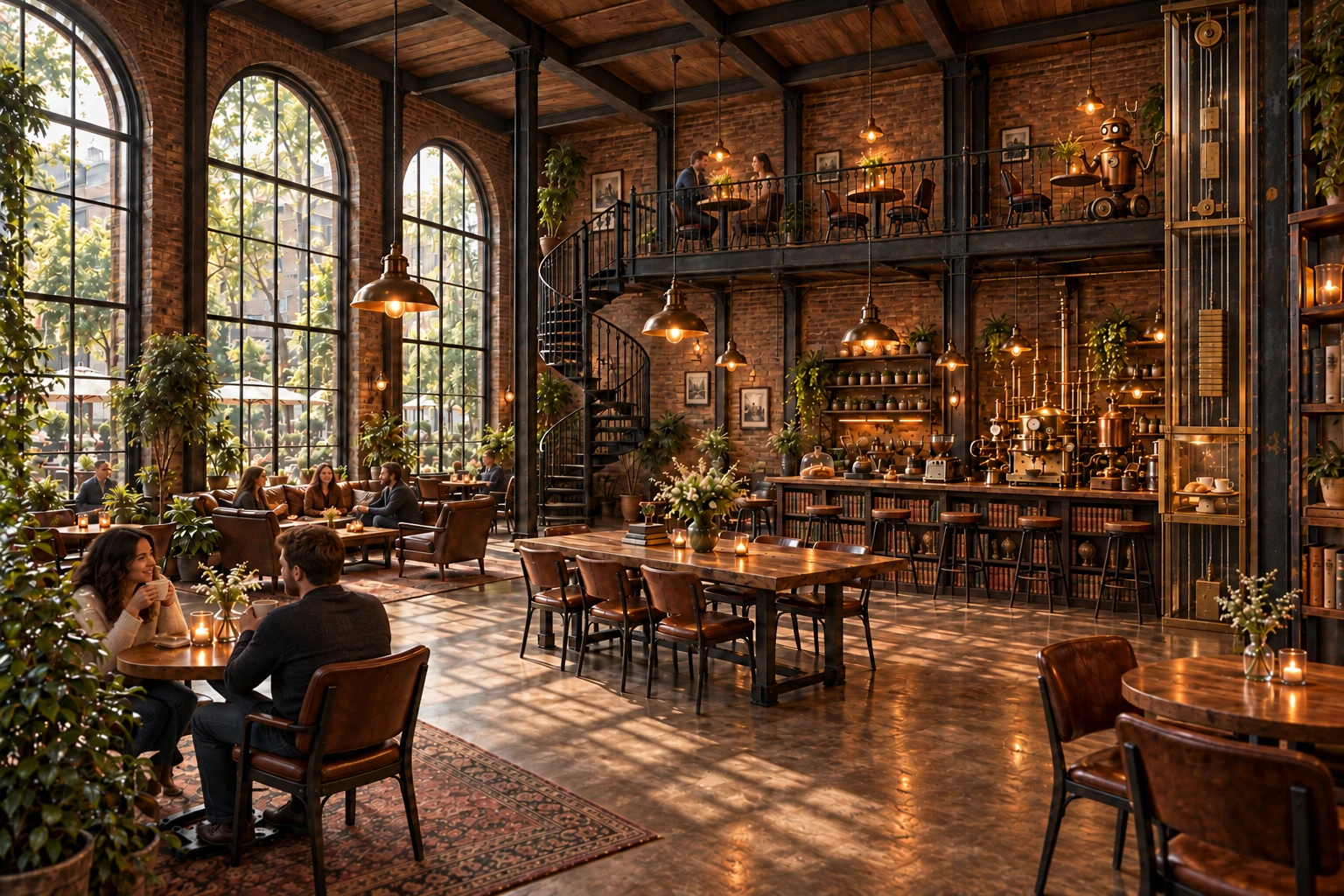 Barista Robotica concept with seated guests, a brass tray lift and small upstairs service robot, a six-seat mezzanine, arched windows and leather-bound books lining the bar front